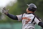 27-07-2010 HONKBAL:NEDERLAND-BELGIE:STUTTGART
EK Honkbal, Nederland - Belgie 10-0
Danny Rombley kijkt de bal na

Foto: Henk Seppen