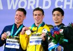 23-06-2022 ZWEMMEN: WK BOEDAPEST HONGARIJE
L-R Erik Persson (SWE), Zac Stubblety-Cook (AUS) and Yu Hanaguruma (JPN) on mens 200m breaststroke during the 19th FINA World Aquatics Championships on June 23, 2022 at the Duna Arena in Budapest, Hungary
Photo by SCS/Soenar Chamid