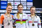 (L-R) Maike VAN DER DUIN of Netherlands, Martina FIDANZA of Italy and Jessica ROBERTS of Great Britain during the Day 1 of 112th Track Cycling World Championships on October 12, 2022 in Saint-Quentin-en-Yvelines, France. (Photo by SCS/Icon Sport) 12-10-2022 BAANWIELRENNEN: WK SAINT QUENTIN (NETHERLANDS ONLY)